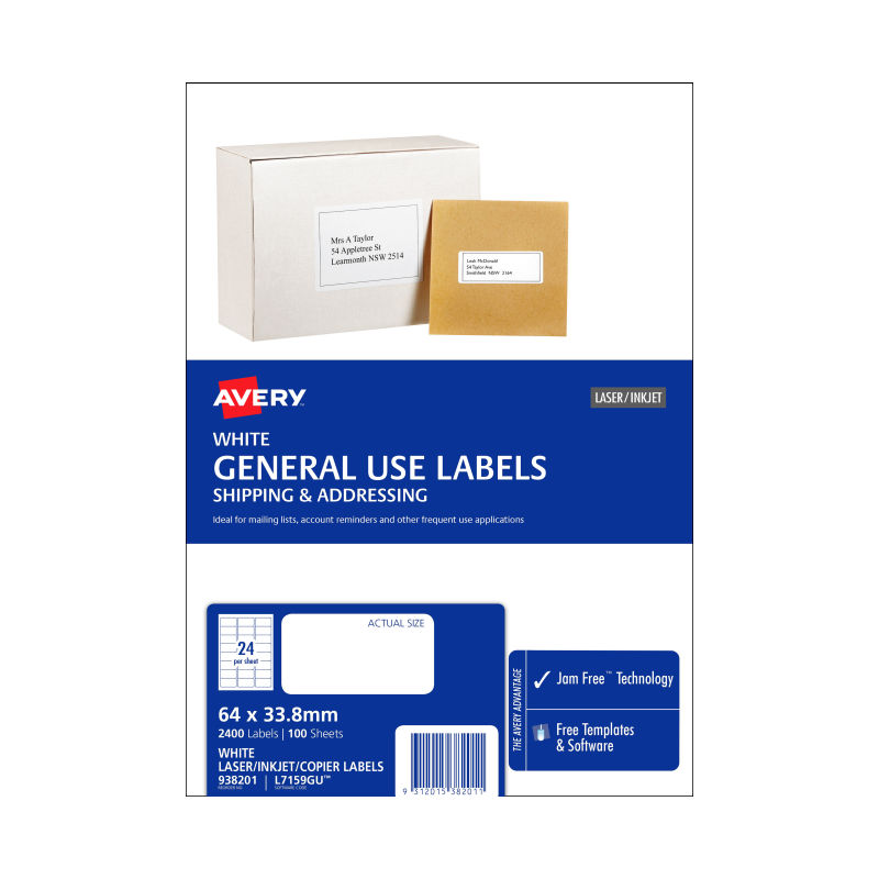 Avery General Use Labels - 64 x 33.8 mm 24UP - 2400 Labels - 100 Sheets