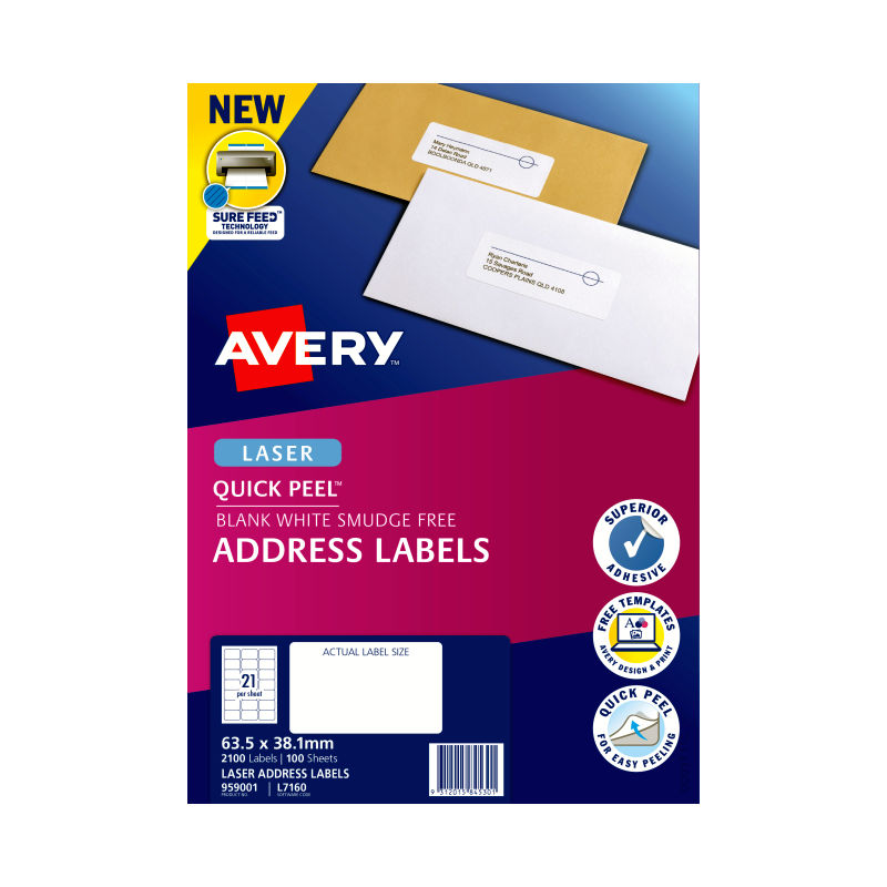 Avery Laser Label Quick Peel L7160 21Up - Pack of 100