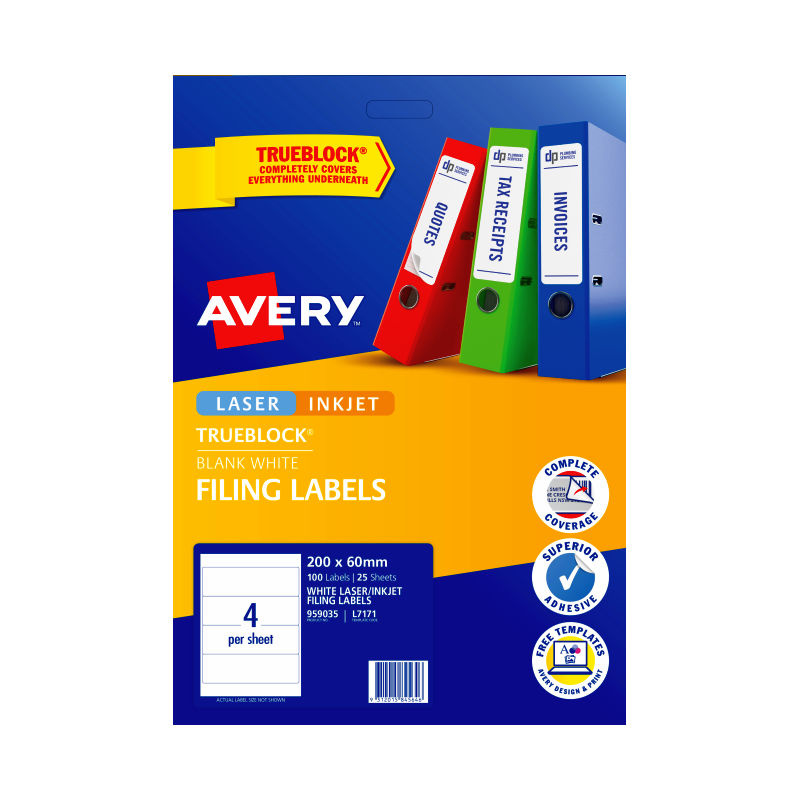 Avery Filing Labels - 200 x 60 mm 4UP - 100 Labels - 25 Sheets