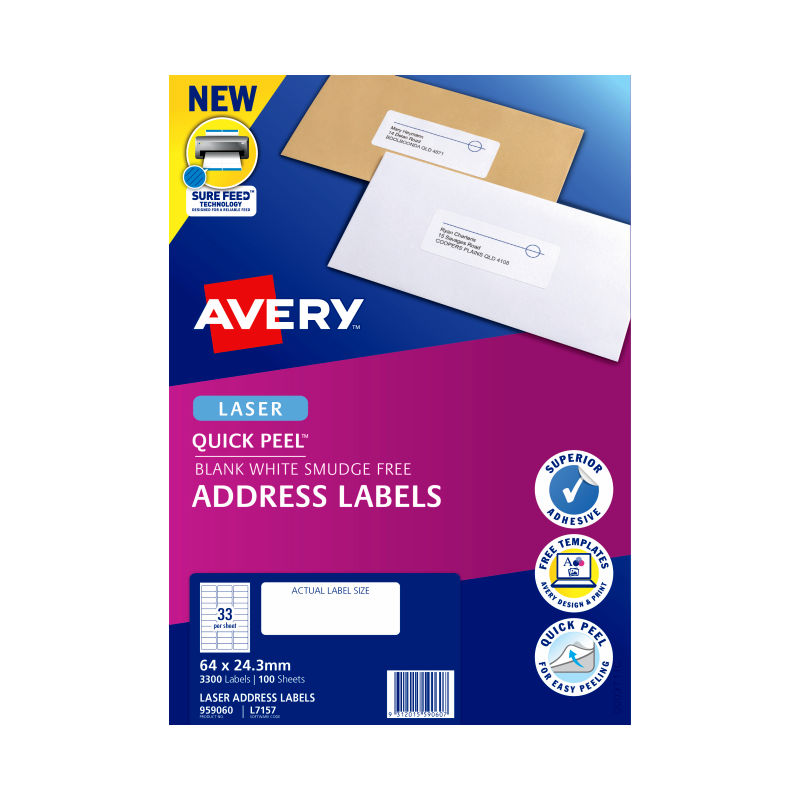 Avery Laser Label Quick Peel L7157 33Up - Pack of 100