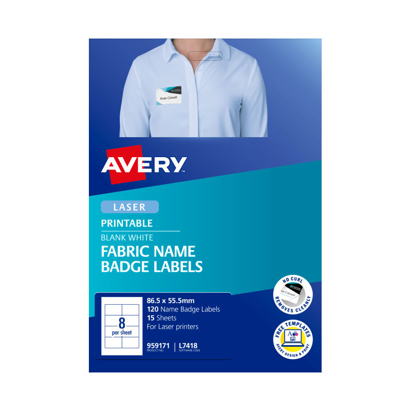 Avery Fabric Name Badge Labels - 55.5 x 86.5 mm 8UP - 120 Labels - 15 Sheets