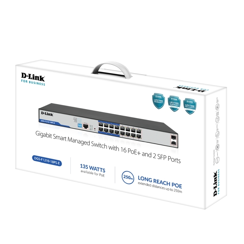 D-Link 18-Port Gigabit Smart Managed PoE+ Switch with 16 PoE+ Ports - 8 Long Reach