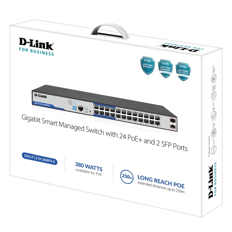 D-Link 26-Port Gigabit Smart Managed PoE+ Switch with 24 PoE+ Ports - 8 Long Reach + 2 SFP Ports