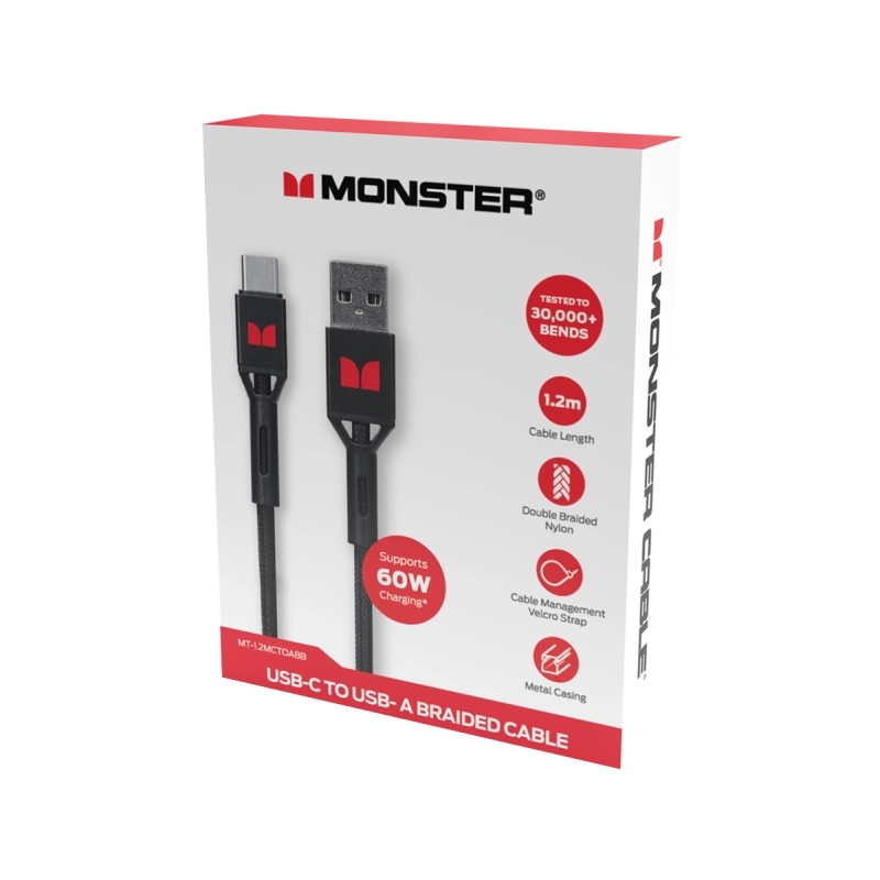 Monster USB-C to USB-A Braided Cable - Black 1.2m