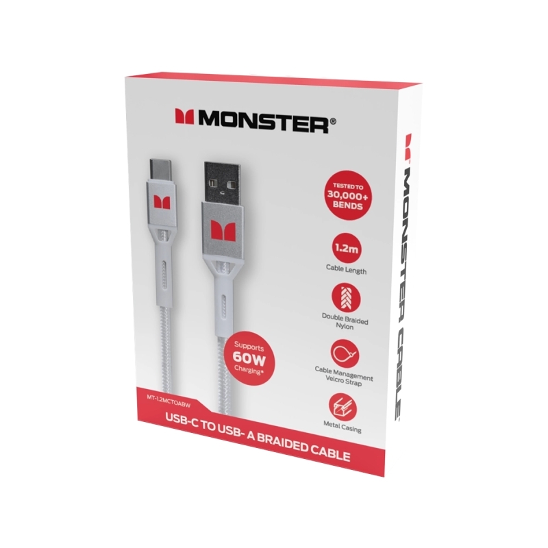 Monster USB-C to USB-A Braided Cable - White 1.2m