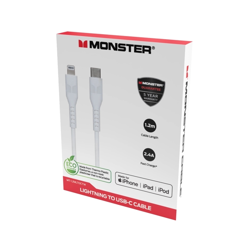 Monster Lightning to USB-C Thermo Plastic Elastometer Cable - White 1.2m