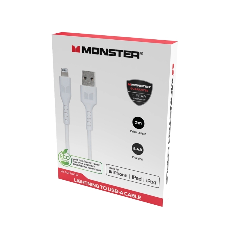 Monster Lightning to USB-A Thermo Plastic Elastometer Cable - White 2m