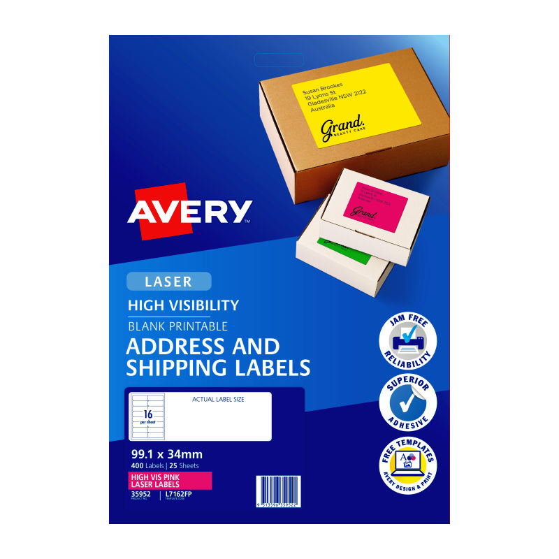 Avery Laser Label Pink L7162FP 16Up - Pack of 25