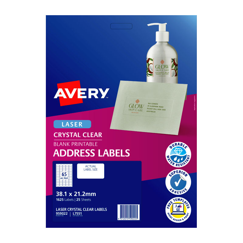 Avery Crystal Clear Address Labels - 38.1 x 21.2 mm 65UP - 1625 Labels - 25 Sheets