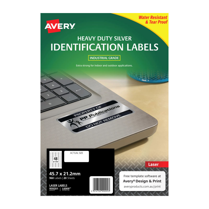 Avery Silver Heavy Duty Labels - 45.7 x 21.2 mm 48UP - 960 Labels - 20 Sheets