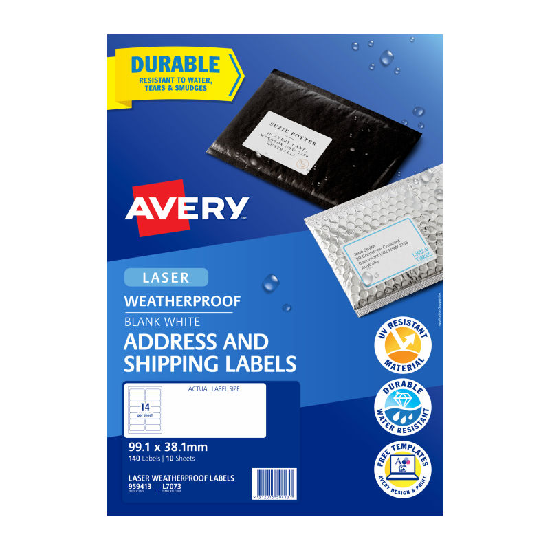 Avery Waterproof Address Labels - 99.1 x 38.1 mm 14UP - 140 Labels - 10 Sheets