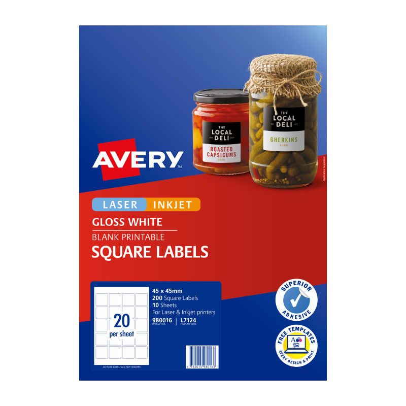 Avery Glossy Square Labels - 45 x 45 mm 20UP - 200 Labels - 10 Sheets