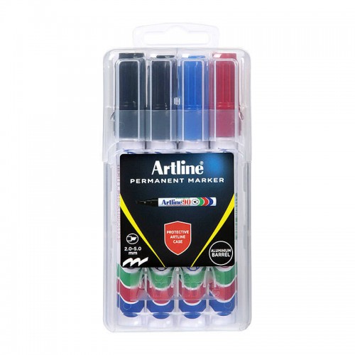 Artline 90 Permanent Marker Chisel Tip Assorted Colours Hard Case - Pack of 4