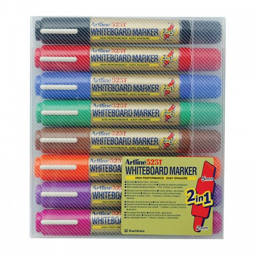 Artline 525T Whiteboard Marker Dual Nib Assorted Colours - Wallet of 8