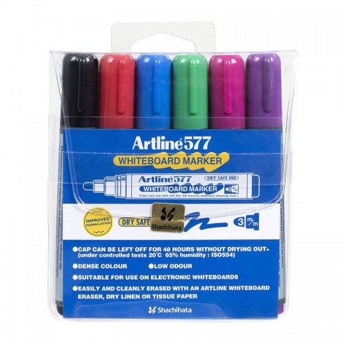 Artline 577 Whiteboard Marker Assorted Colours - Wallet of 6