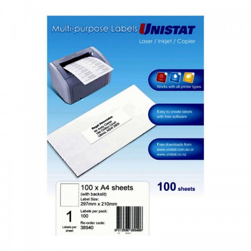 Unistat Laser InkJet Printer Label 24Up 70 x 36 - Box of 100