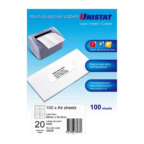 Unistat Laser InkJet Printer Label 20Up 98 x 25mm - Pack of 100