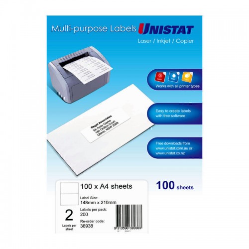 Unistat Laser InkJet Printer Label 2Up 148 x 210 - Pack of 100