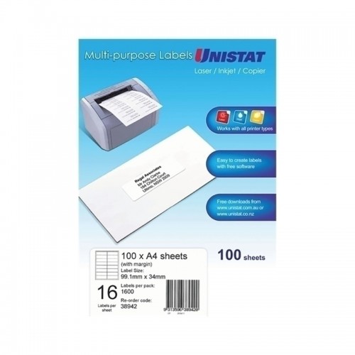 Unistat Laser InkJet Printer Label 16UP - Pack of 100 - Box of 5