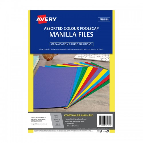 Avery Foolscap Manilla Folders Assorted Colour  - Pack of 10