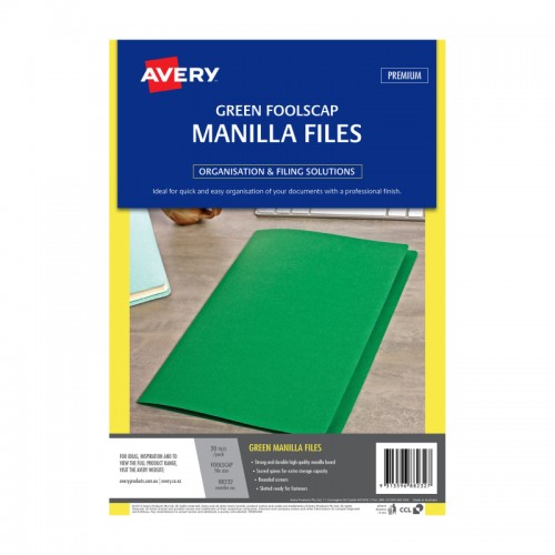 Avery Foolscap Manilla Folders Green  - Pack of 20