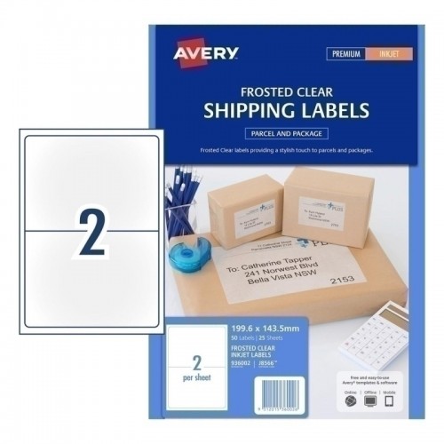 Avery Frosted Clear Shipping Labels - 199.6 x 143.5 mm 2UP - 50 Labels - 25 Sheets