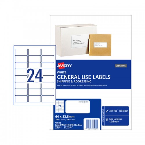 Avery General Use Labels - 64 x 33.8 mm 24UP - 2400 Labels - 100 Sheets