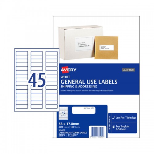 Avery General Use Labels - 58 x 17.8 mm 45UP - 4500 Labels - 100 Sheets