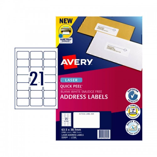 Avery Laser Label Quick Peel L7160 21Up - Pack of 100