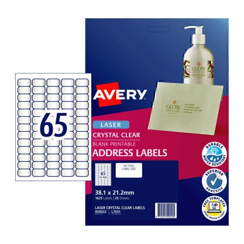 Avery Crystal Clear Address Labels - 38.1 x 21.2 mm 65UP - 1625 Labels - 25 Sheets