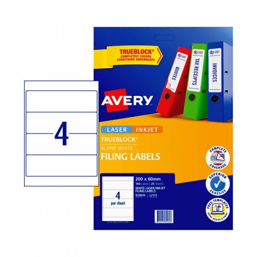 Avery Filing Labels - 200 x 60 mm 4UP - 100 Labels - 25 Sheets