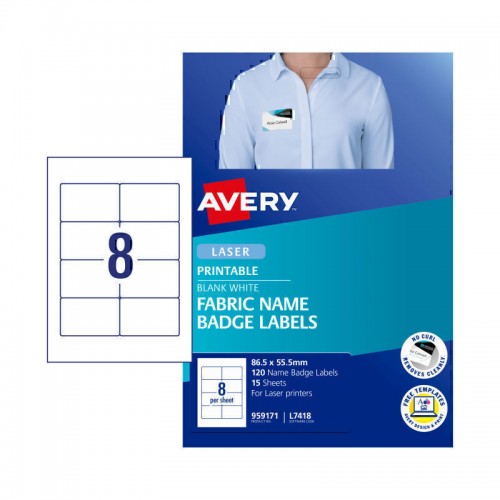 Avery Fabric Name Badge Labels - 55.5 x 86.5 mm 8UP - 120 Labels - 15 Sheets