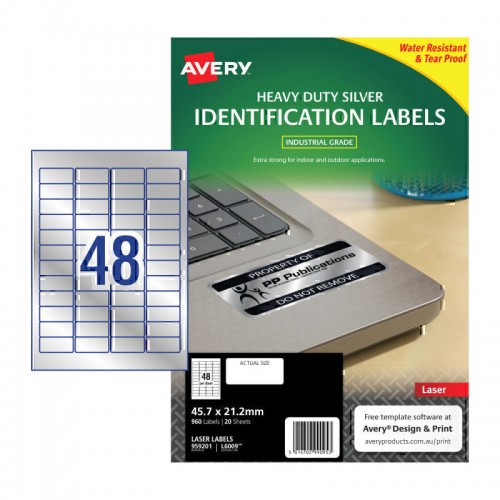 Avery Silver Heavy Duty Labels - 45.7 x 21.2 mm 48UP - 960 Labels - 20 Sheets