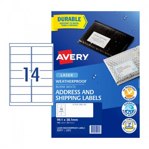 Avery Waterproof Address Labels - 99.1 x 38.1 mm 14UP - 140 Labels - 10 Sheets