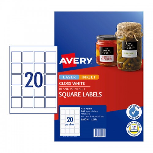 Avery Glossy Square Labels - 45 x 45 mm 20UP - 200 Labels - 10 Sheets