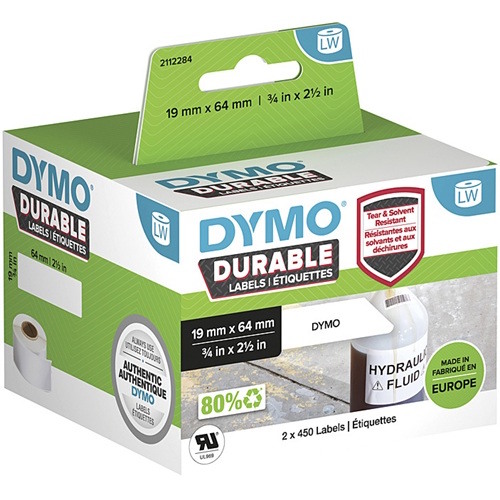 DYMO 2112284 LabelWriter Durable Multi Purpose Label Rolls New Packaging - Black on White - 19mm x 64mm, 450 Labels per Roll, 2 Rolls