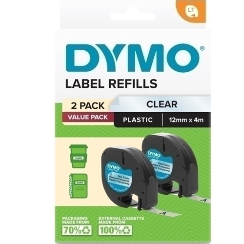 2 Pack DYMO 2191233 Black on Clear Plastic Label Tapes - 12mm x 4m