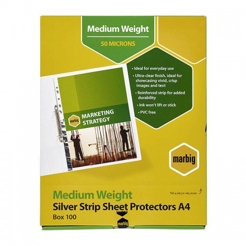 Marbig Sheet Protectors Medium Weight A4 Silver Strip - Box of 100