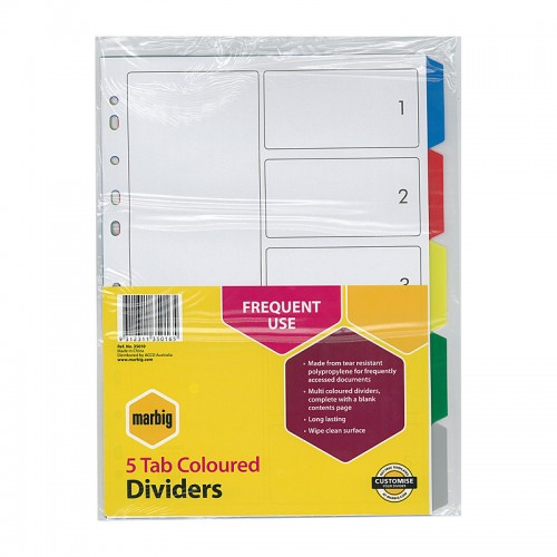 Marbig Indices & Dividers 5 Tab PP A4 Multi Colours Colour