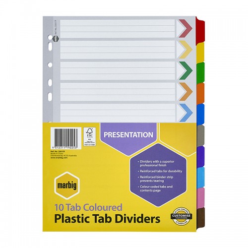 Marbig Indices & Dividers 10 Tab Reinforced A4 Multi Colours