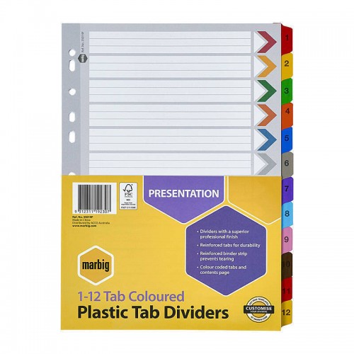 Marbig Indices & Dividers 1-12 Tab Reinforced A4 Multi Colours