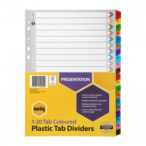 Marbig Indices & Dividers 1-20 Tab Reinforced A4 Multi Colours