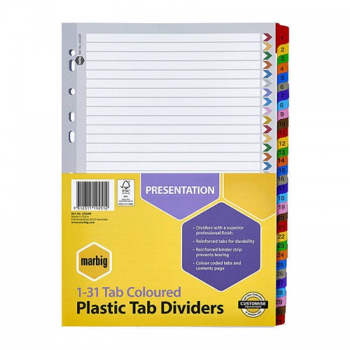 Marbig Indices & Dividers 1-31 Tab Reinforced A4 Multi Colours