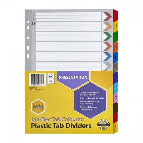 Marbig Indices & Dividers Jan-Dec Tab Reinforced A4 Multi Colours