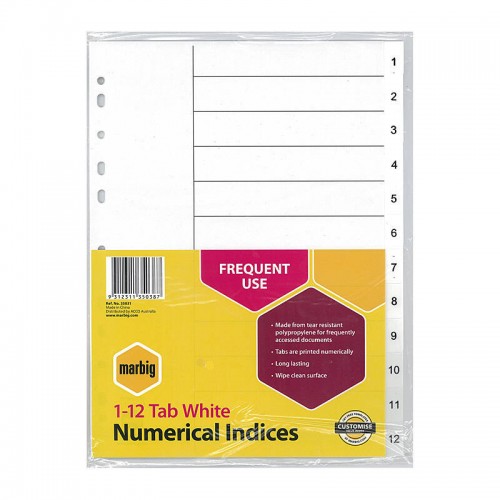 Marbig Indices & Dividers 1-12 Tab PP A4 White