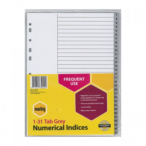 Marbig Indices & Dividers 1-31 Tab PP A4 Grey