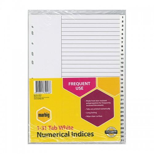 Marbig Indices & Dividers 1-31 Tab PP A4 White