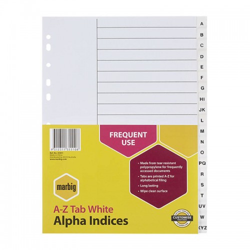 Marbig Indices & Dividers A-Z Tab PP A4 White