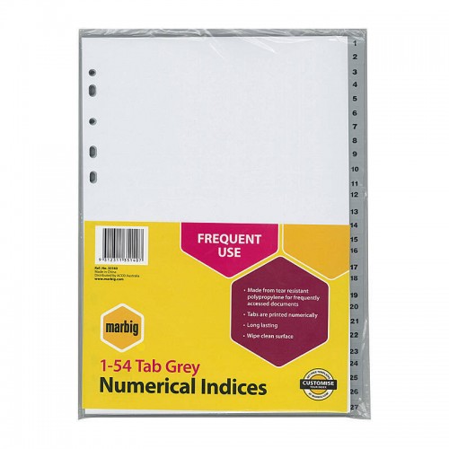 Marbig Indices & Dividers 1-54 Tab PP A4 Grey