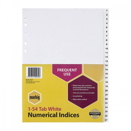 Marbig Indices & Dividers 1-54 Tab PP A4 White